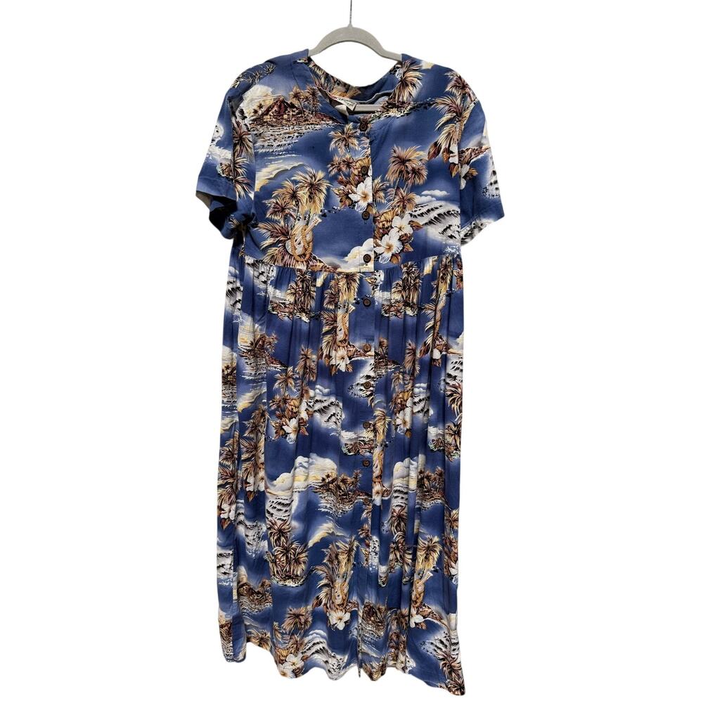 Vintage 90s Hilo Hattie Hawaiian Maxi Dress Women's Large Palm Volcano USA